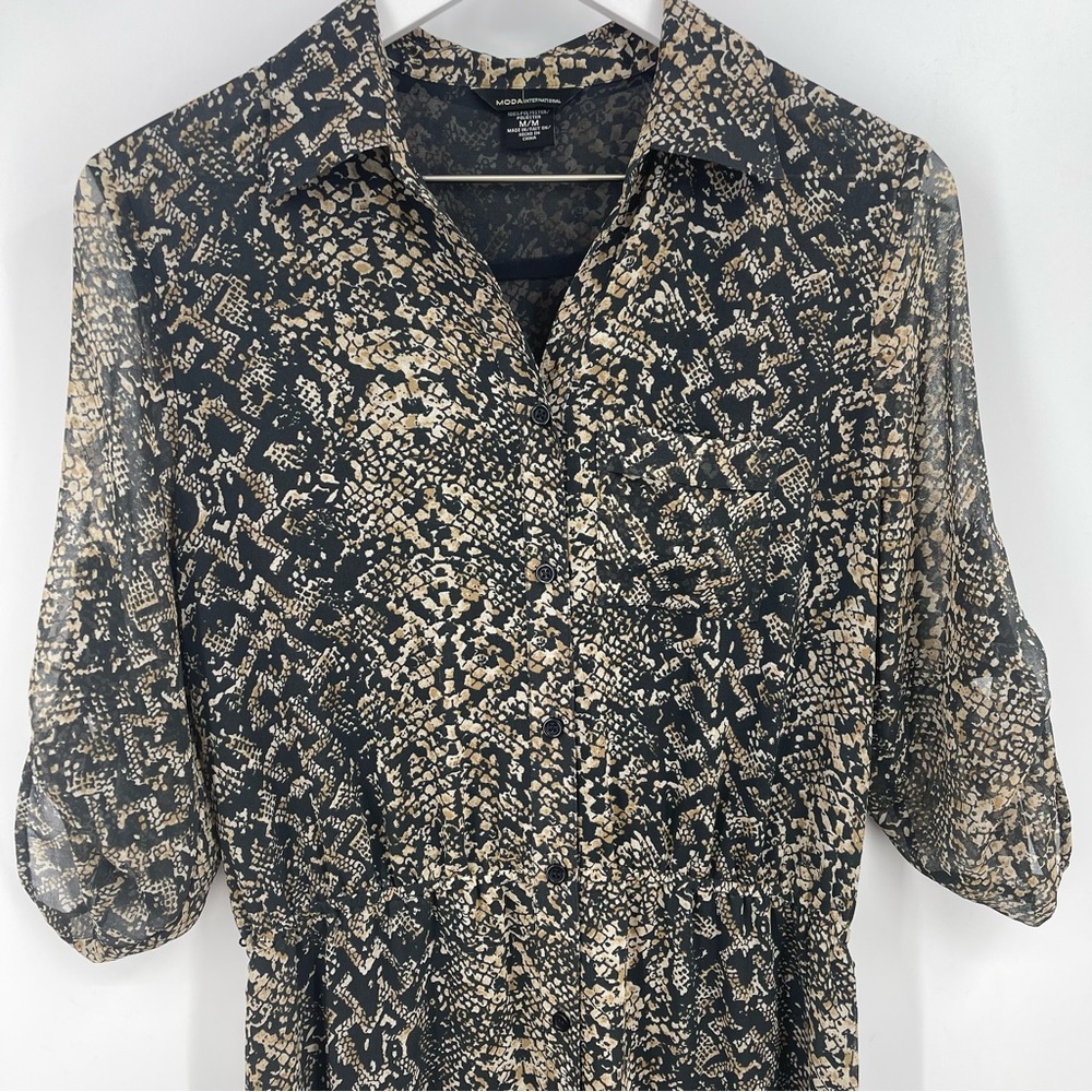 Moda International Snake Animal Print Black Tan Button Front Maxi Shirt Dress M - Picture 5 of 9
